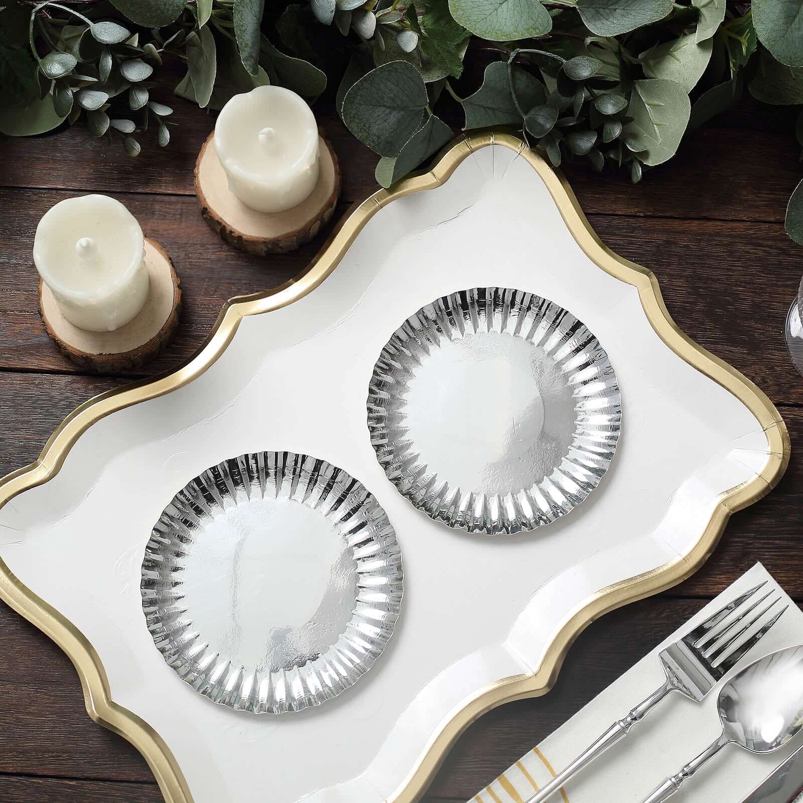 50-Pack Paper 5" Round Dessert Plates in Metallic Silver with Scalloped Rim - Disposable 250GSM Appetizer Party Plates