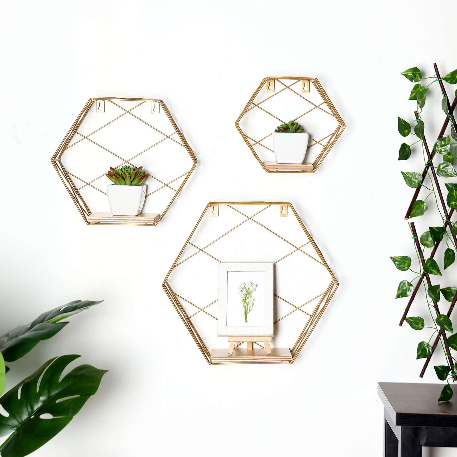 3 Pack Gold Hexagonal Floating Wall Shelves, Decorative Geometric Wall Mounted Shelves - 9",12",14"