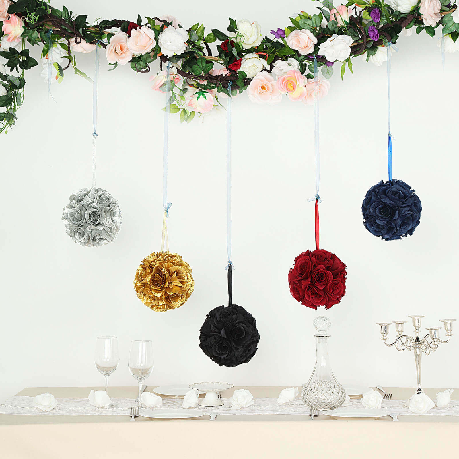 2 Pack 7" Silver Artificial Silk Rose Kissing Ball, Faux Flower Ball