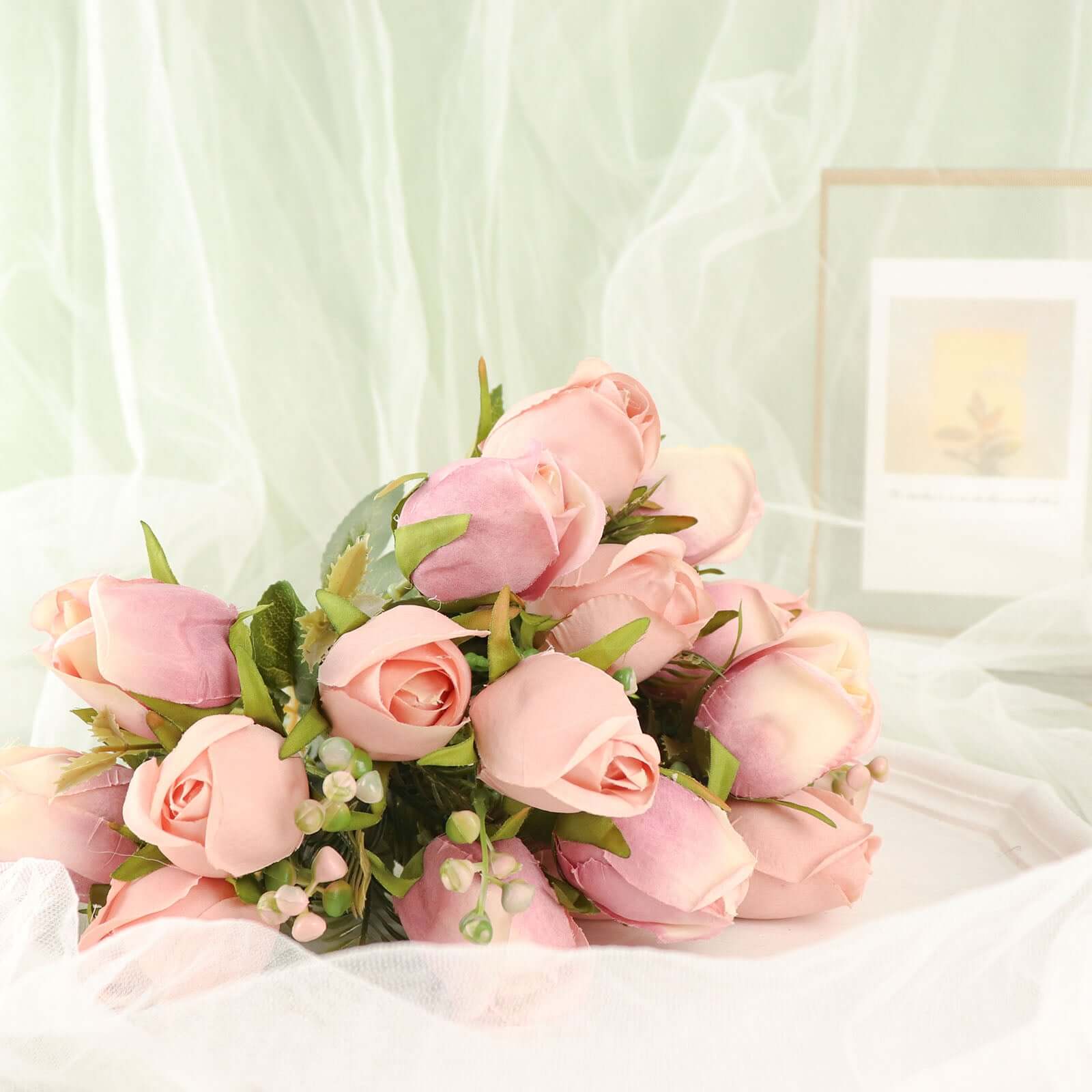 3 Pack 13" Dusty Rose Real Touch Silk Rose Bud Flower Bridal Bouquets, Artificial Floral Bush Arrangements