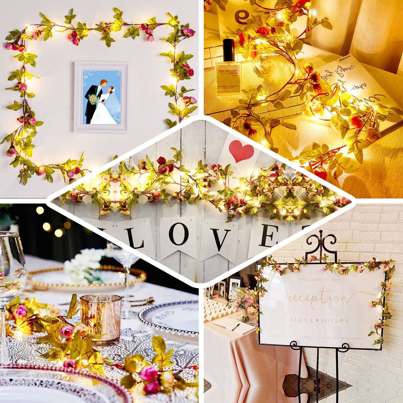 7ft 20 LED Blush Silk Rose Flower Garland Vine String Lights, Warm White Battery Operated