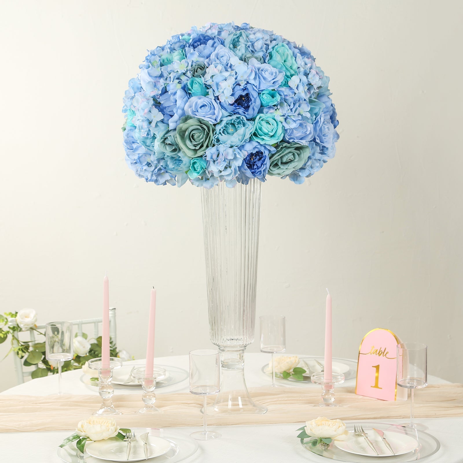 Pre-Arranged Silk Rose Bouquet Floral Arrangement Table Decor, Large Blue Artificial Rose Flower Balls Wedding Centerpieces - 20"