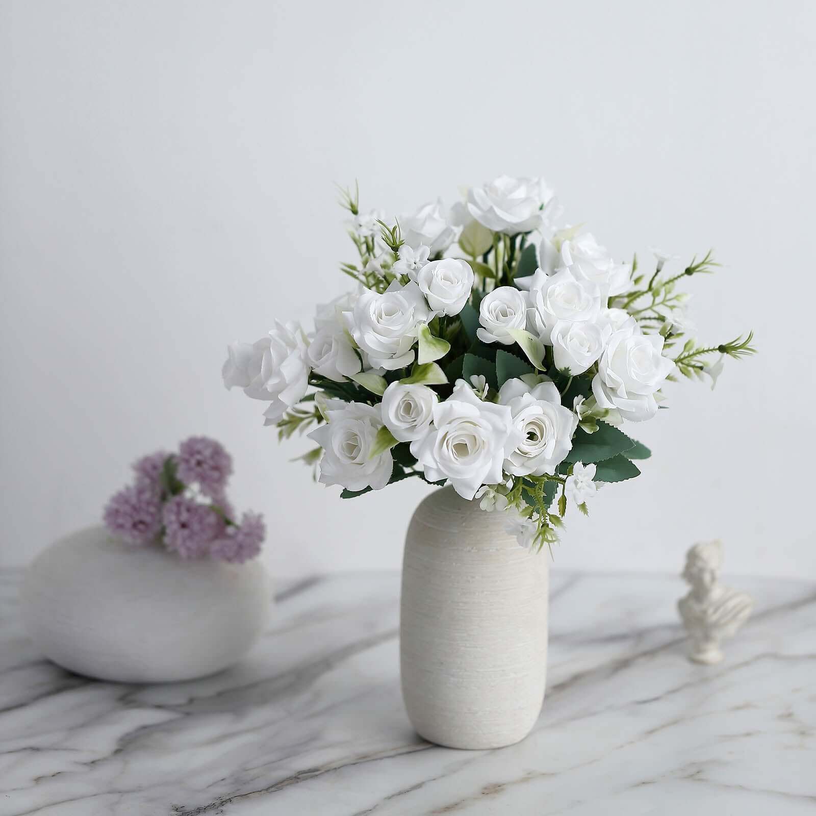 4 Bushes 12" White Real Touch Artificial Silk Rose Flower Bouquet, Faux Bridal Flowers