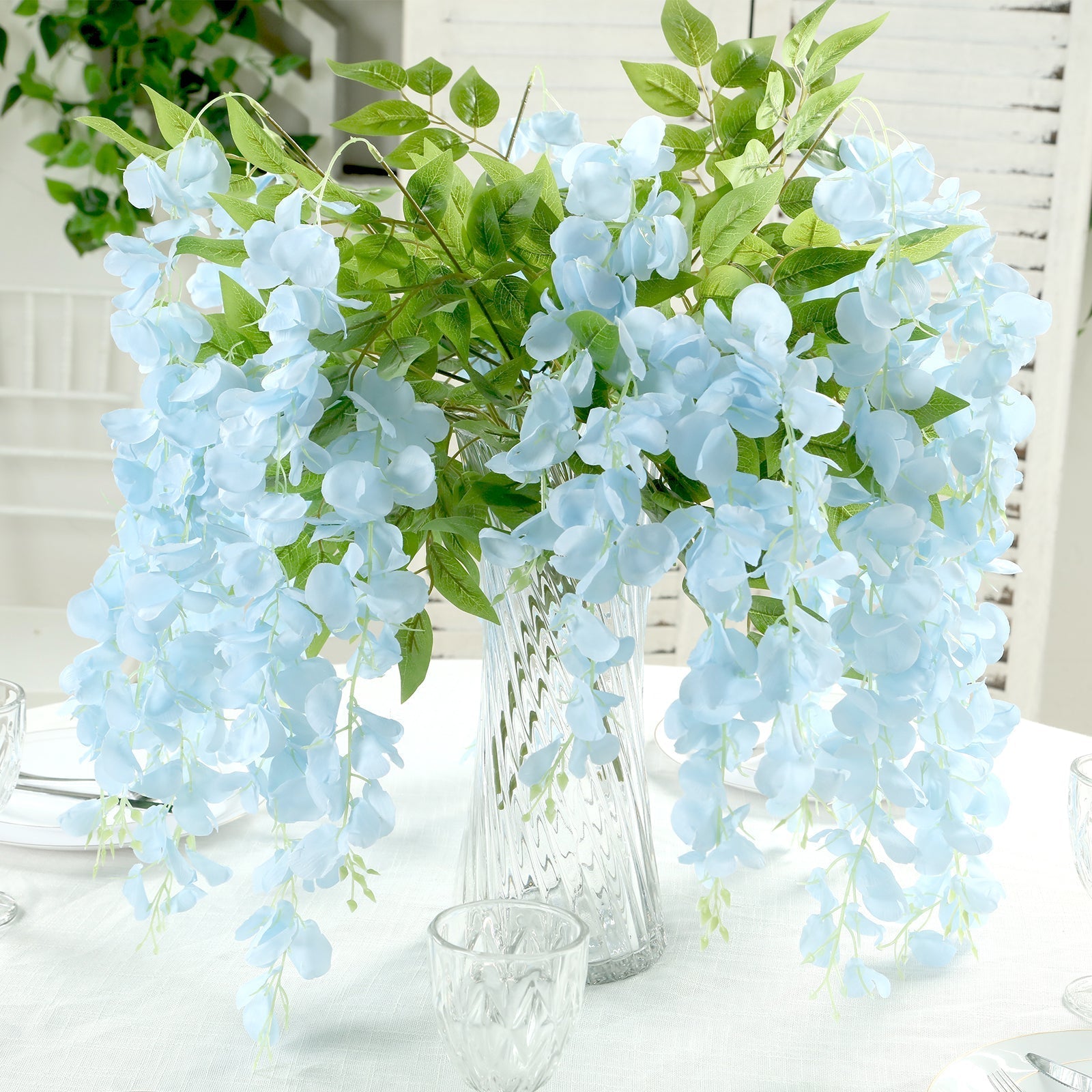 5 Pack 44" Silk Hanging Wisteria Flower Garland Vines in Light Blue, 3 Strands in 1 Bush