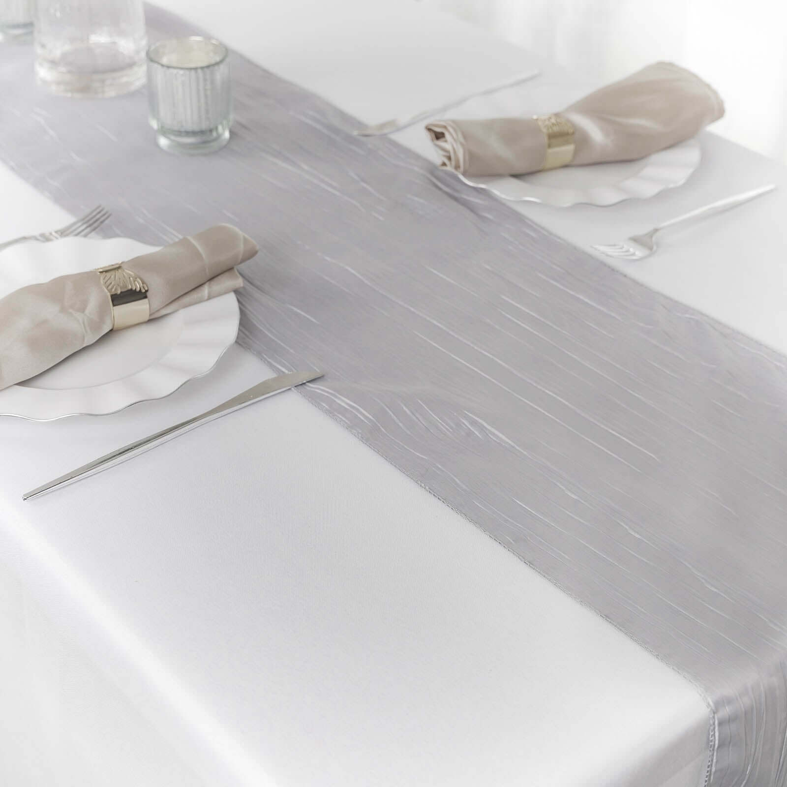 Taffeta 12"x108" Table Runner Silver - Accordion Crinkle Design