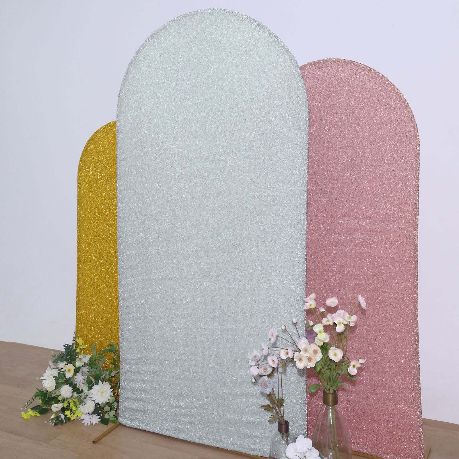 7ft Silver Shimmer Tinsel Spandex Chiara Backdrop Stand Cover For Fitted Round Top Wedding Arch