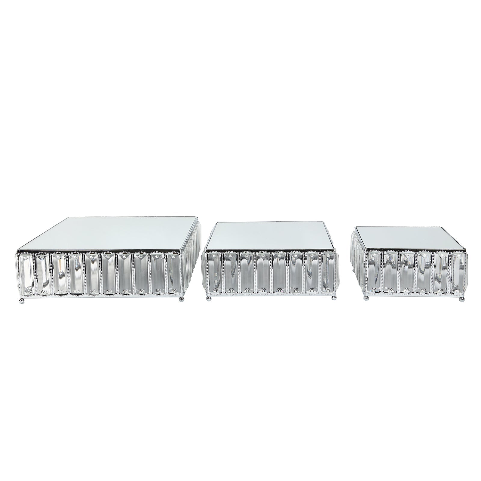 Set of 3 Silver Metal Crystal Pendant Cake Stands with Mirror Top, Stackable Square Dessert Display Trays - 7",10",12"