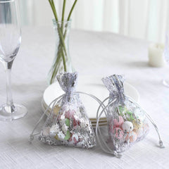 12 Pack Metallic Silver Foil Polyester Drawstring Candy Bags, Wedding Party Favor Bags - 4"x5"