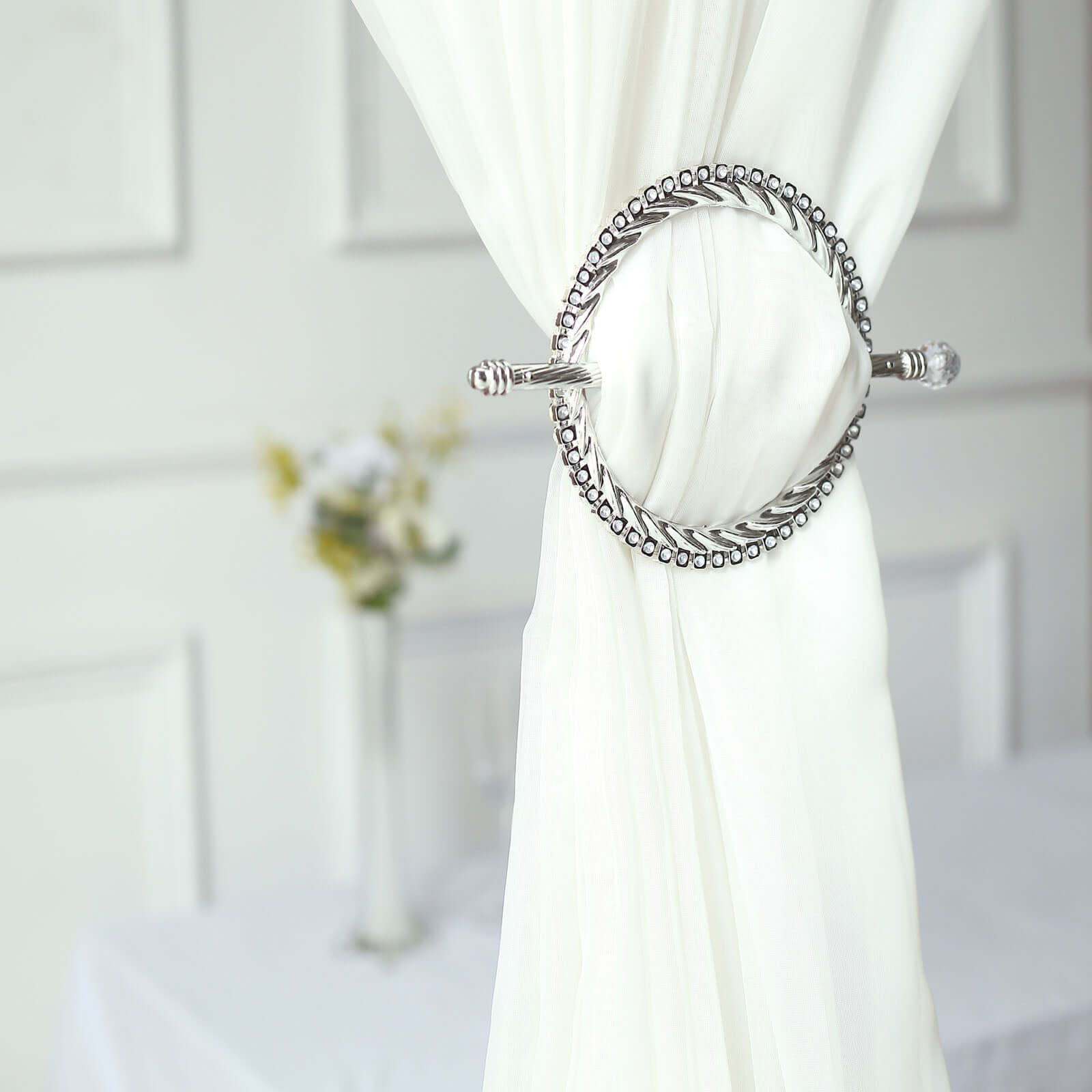 Set of 2 6" Silver Acrylic Braided Barrette Style Curtain Tie Backs With Crystal Diamond Studded Edge, Round Backdrop Drapery Brooch Holdbacks