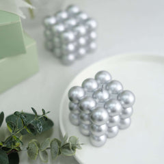 2-Pack Decorative Paraffin Wax Candles Bubble Cube Design Metallic Silver - Unscented Long Burning Pillar Candle Set 2"