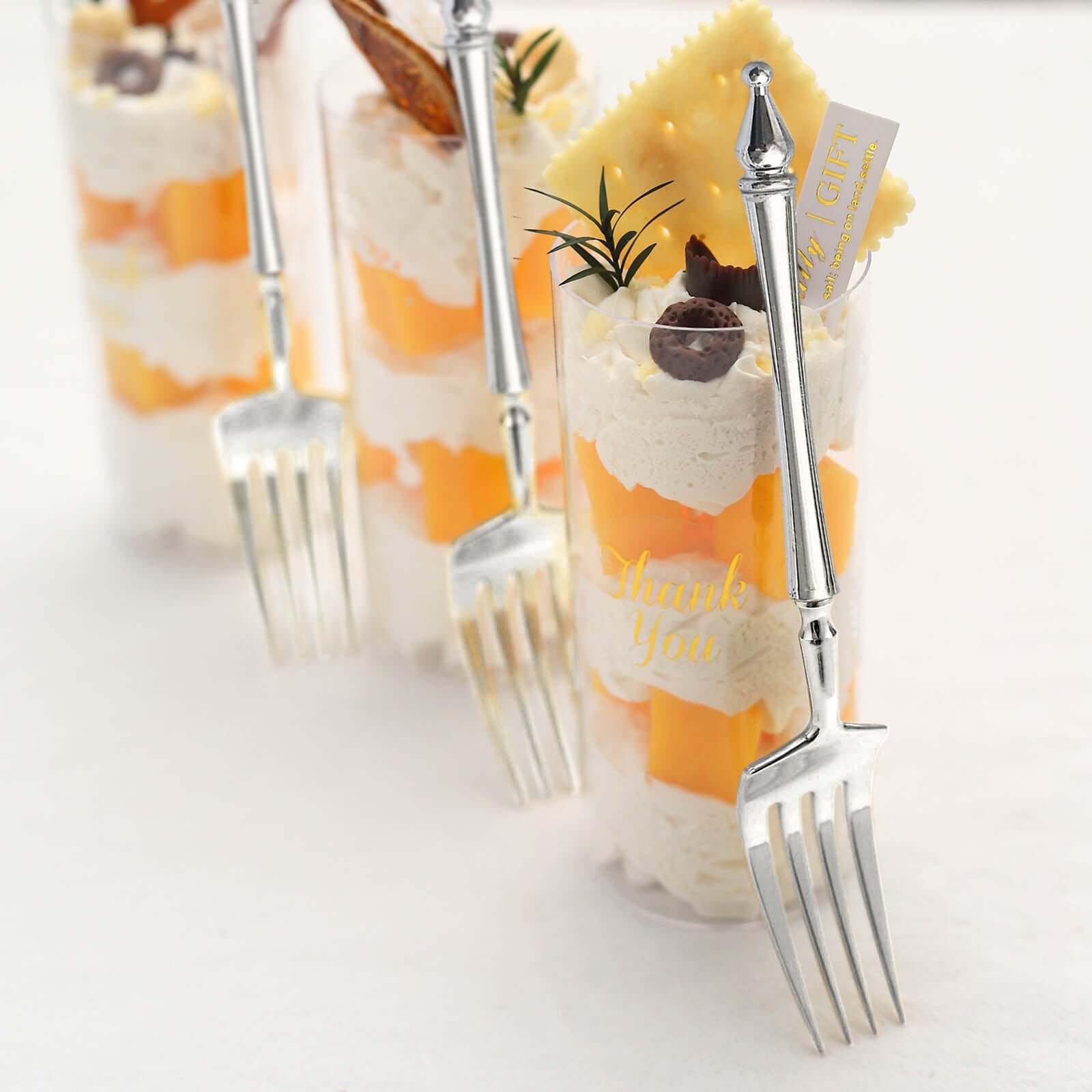 24-Pack Plastic Dessert Forks with Roman Column Handle Silver - European Style Disposable Utensils 6"