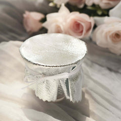 6-Pack Jar Covers Metallic Silver Round Lame Fabric Design with Satin Tie String - DIY Party Favors & Craft Supplies 6"