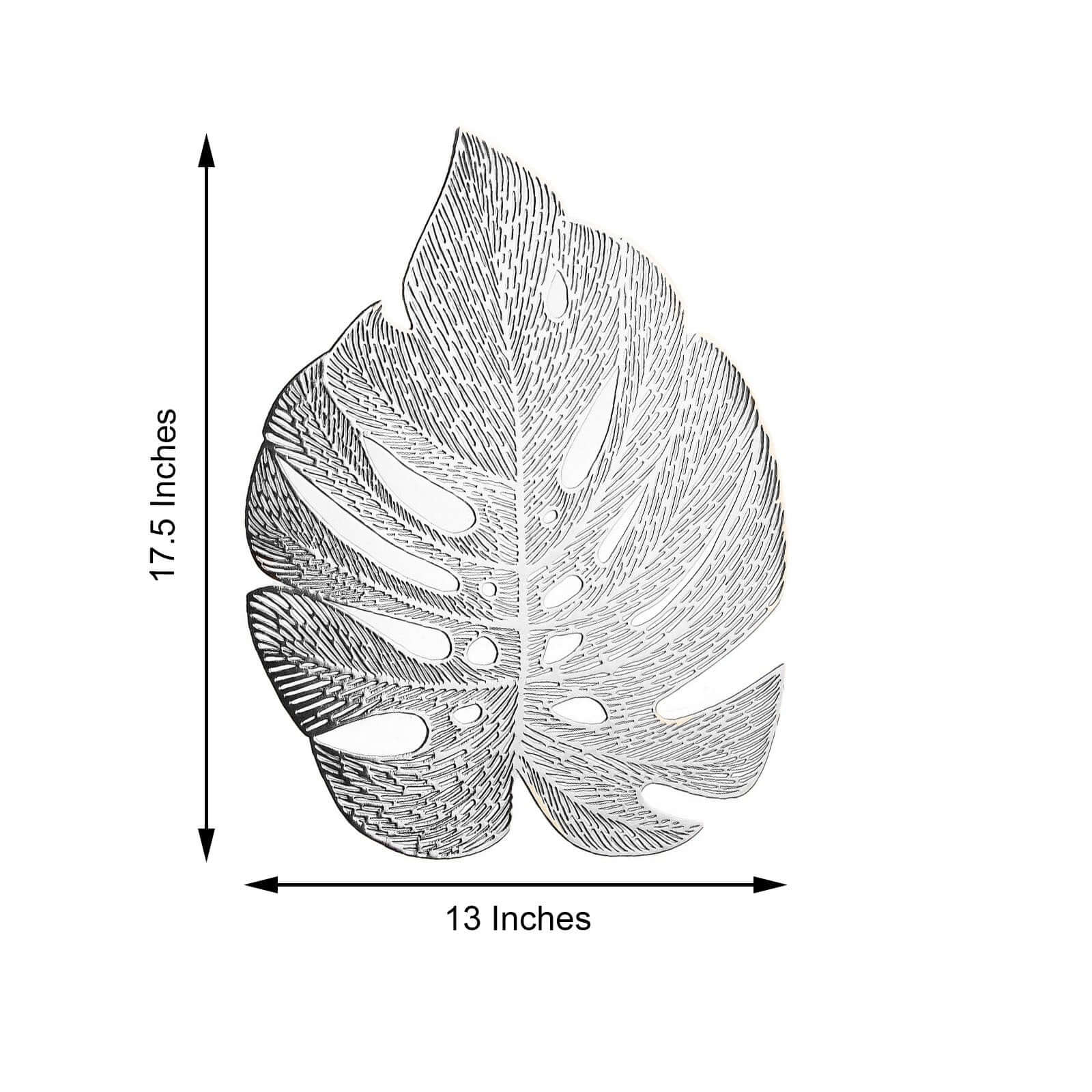 6-Pack Dining Table Mats Monstera Leaf Design Silver - Vinyl Non-Slip Surface for Tropical Themes 18"