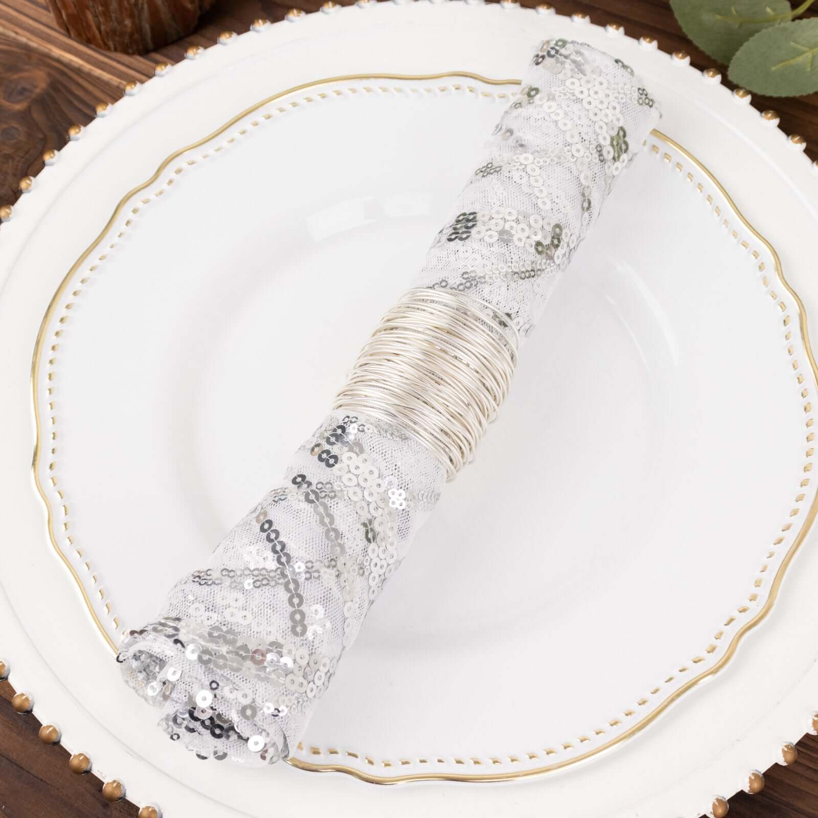 Sequin Mesh 20"x20" Napkin SIlver - Wave Embroidered Reusable Napkin