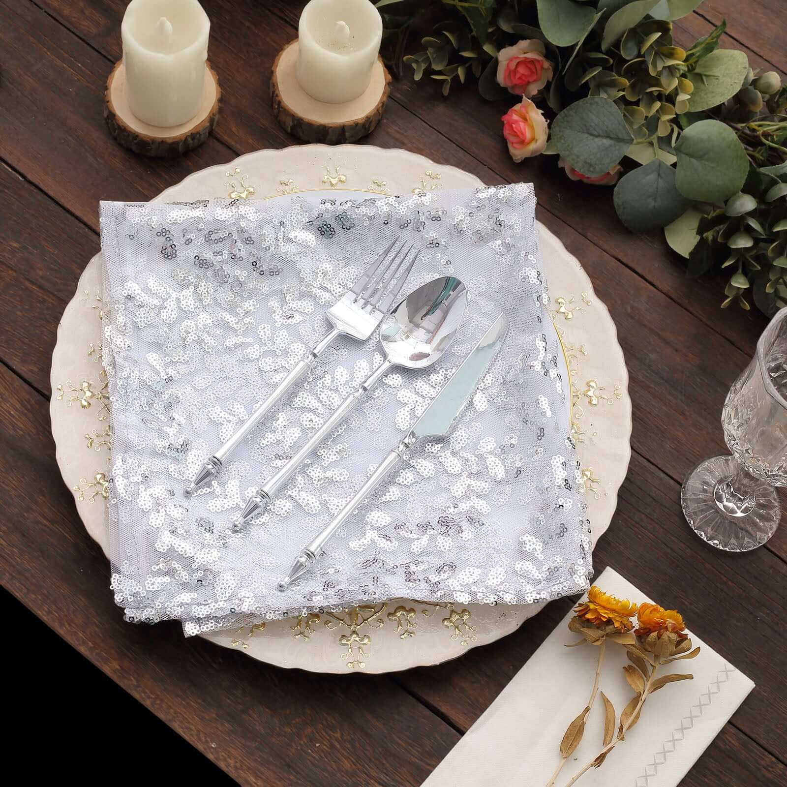 Sequin Tulle 20"x20" Napkin Silver - Embroidered Leaf Vine Dinner Napkins