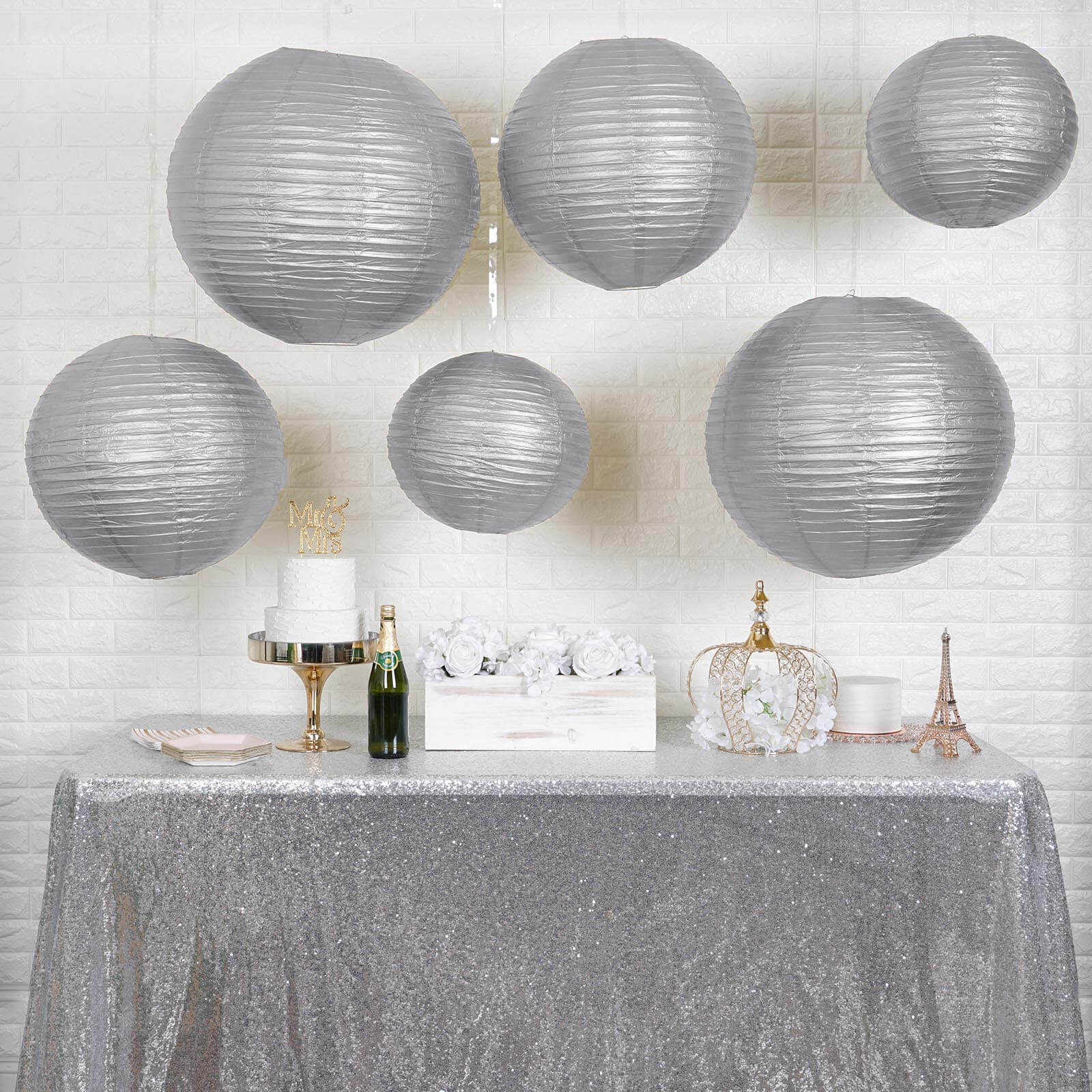 Set of 6 Silver Hanging Paper Lanterns, Chinese Sky Lanterns, Assorted Sizes - 16", 20", 24"
