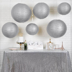 Set of 6 Silver Hanging Paper Lanterns, Chinese Sky Lanterns, Assorted Sizes - 16", 20", 24"