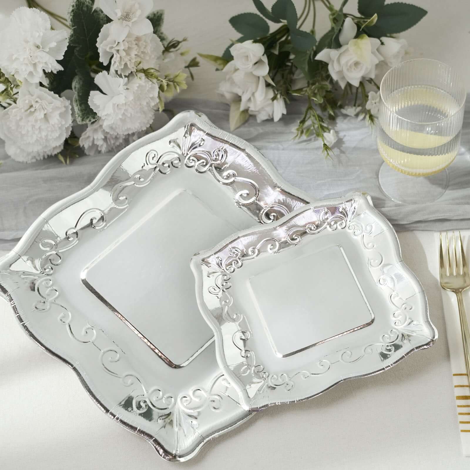 25-Pack Paper 7" Square Dessert Plates in Silver with Vintage Pottery Embossed Design - Shiny Metallic Disposable Appetizer Plates