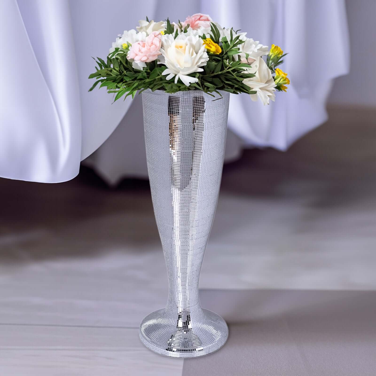 32" Tall Silver Polystone Mirror Mosaic Pedestal Trumpet Floor Vase