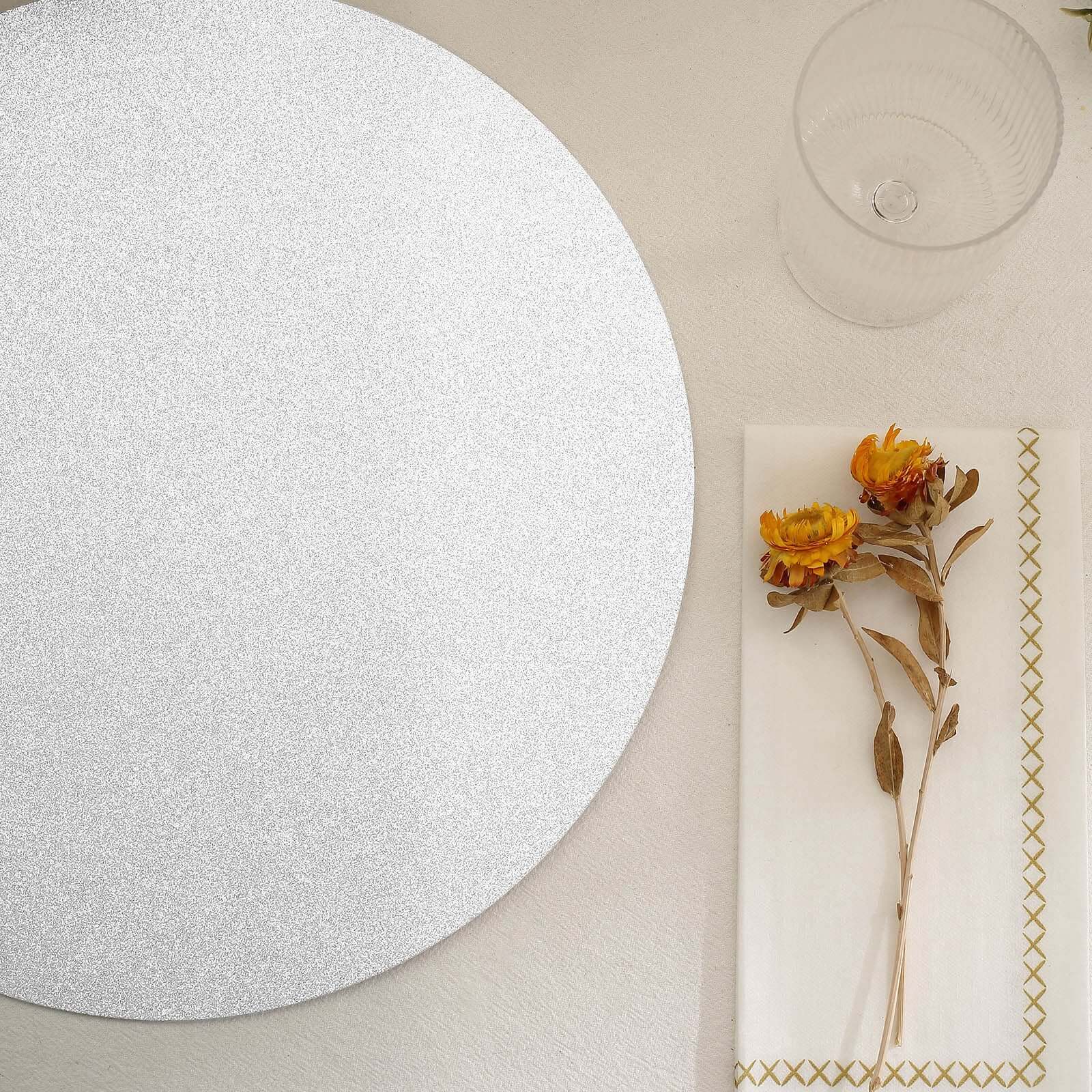 20-Pack Disposable Table Placemats in Silver Glitter - 210GSM Paper Placemats for Classy Events 13"