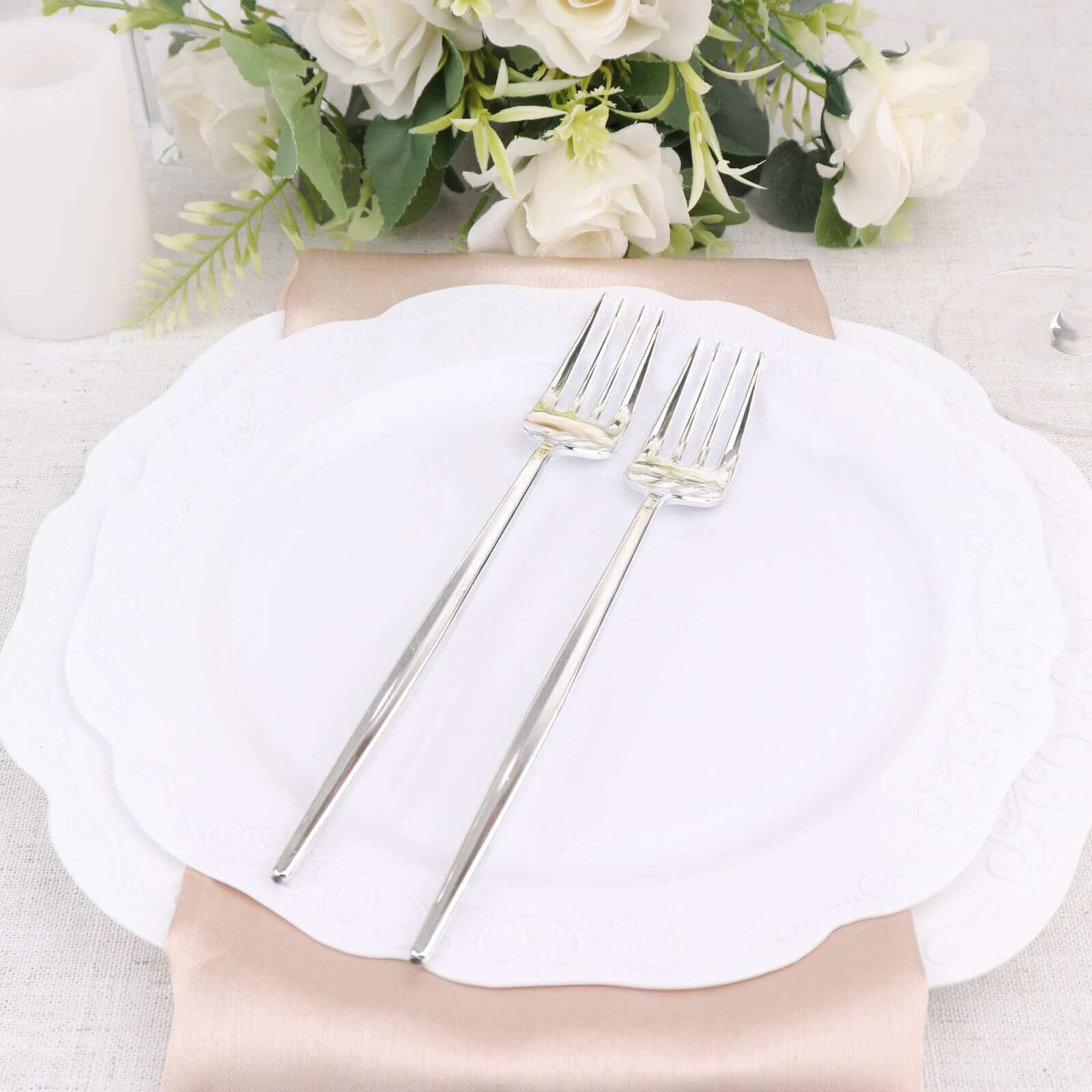 24 Pack 8" Glossy Silver Heavy Duty Plastic Silverware Forks, Shiny Cutlery, Premium Disposable Flatware