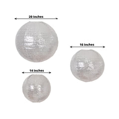Set of 3 Glitter Silver Sequin Fabric Hanging Lanterns, Large Decorative Round Foldable Chinese Lantern Lampshades - 14",16",20"
