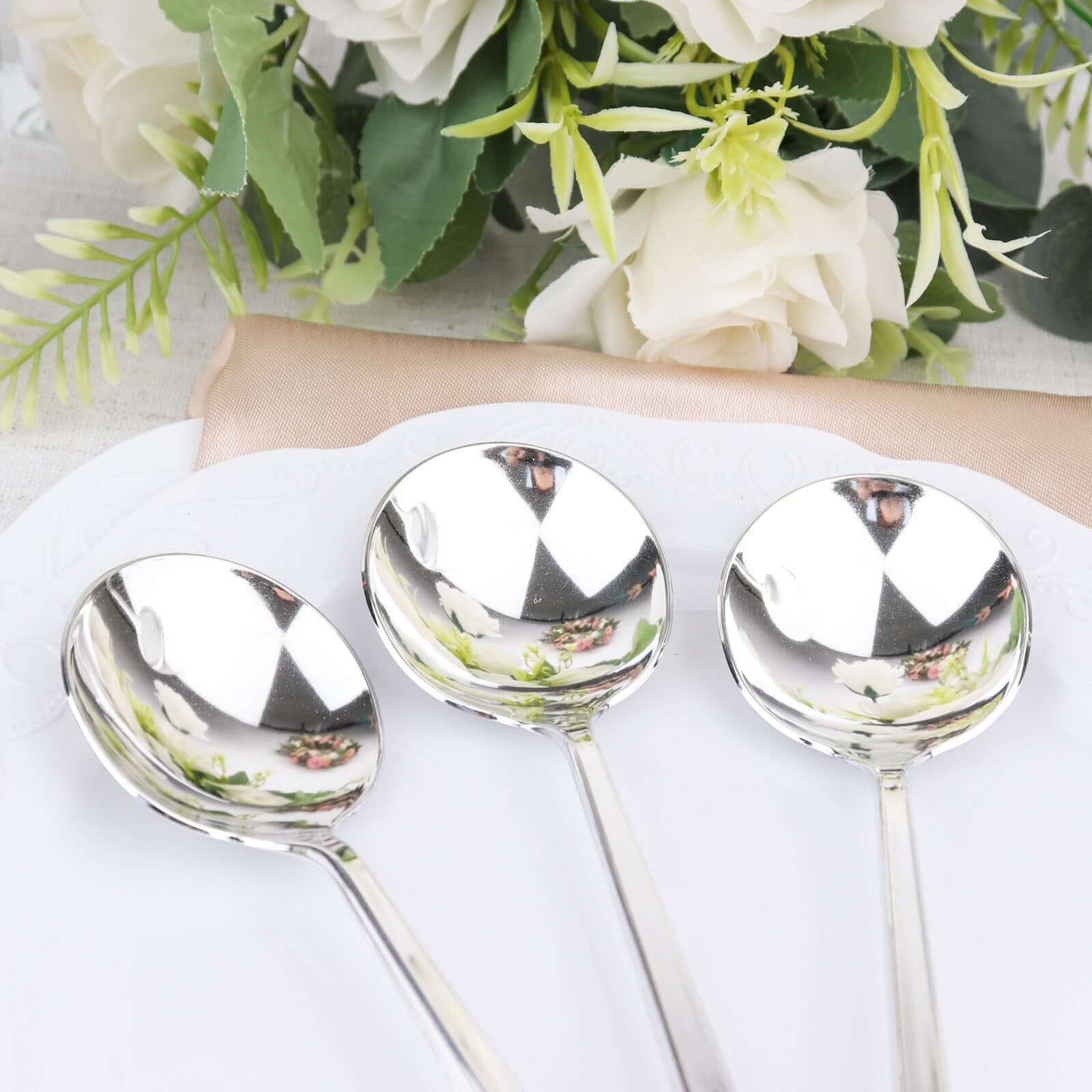 24-Pack Plastic Spoons Glossy Silver - Premium Heavy Duty Disposable Silverware 8"