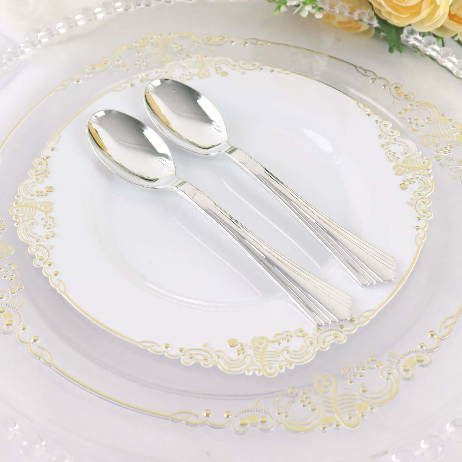 25-Pack Plastic Spoons Silver Heavy Duty with Fluted Handles - Reliable Disposable Cutlery 7"