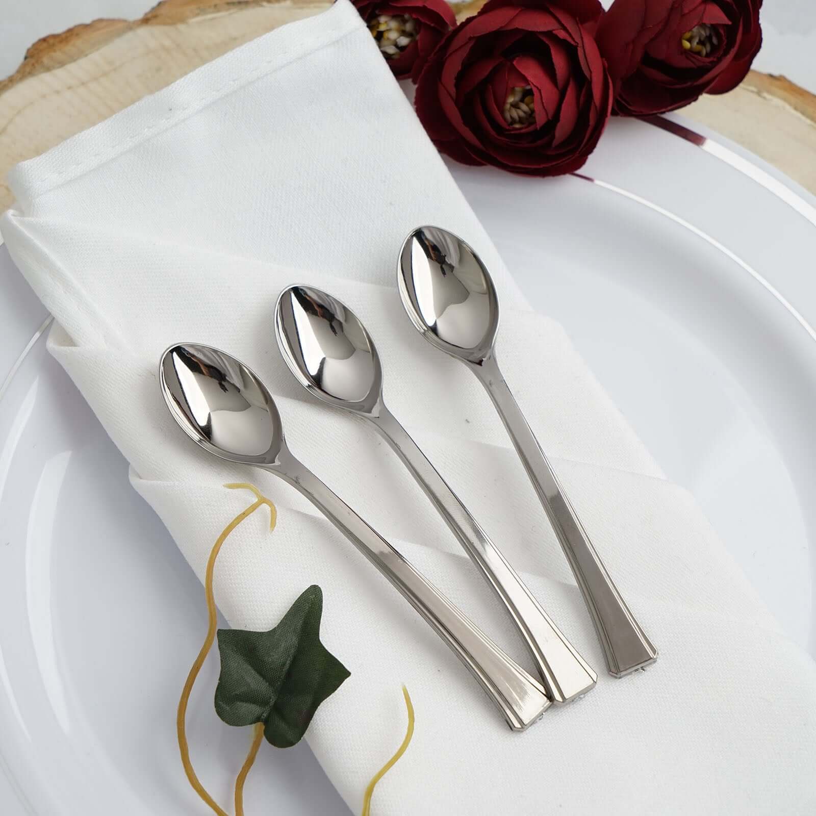 36-Pack Dessert Spoons Mini Heavy Duty Design Silver - Plastic Disposable Utensils for Catering and Gatherings 4"