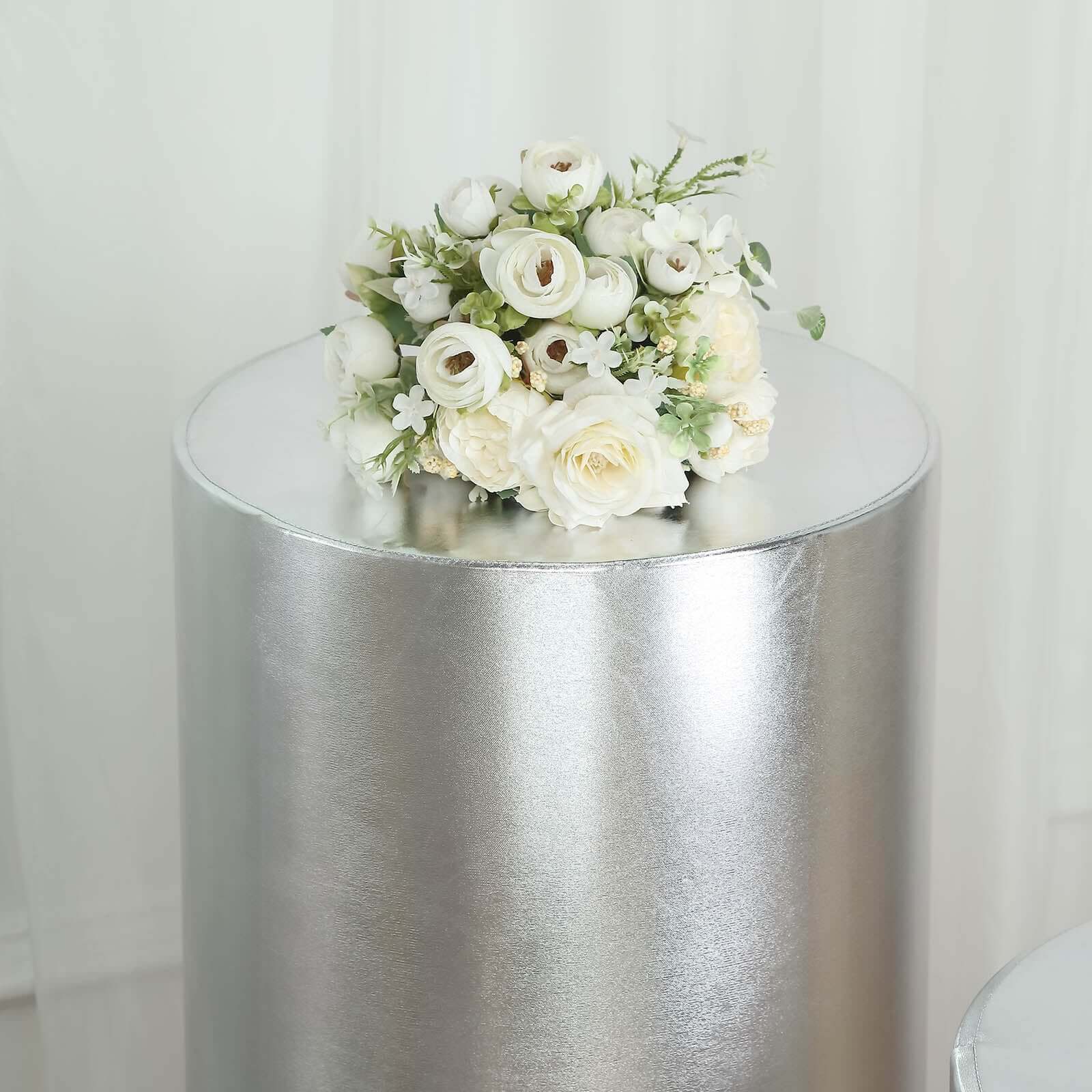 Set of 5 Metallic Silver Spandex Cylinder Pedestal Stand Covers, Shiny Stretchable Pillar Prop Covers - 130 GSM