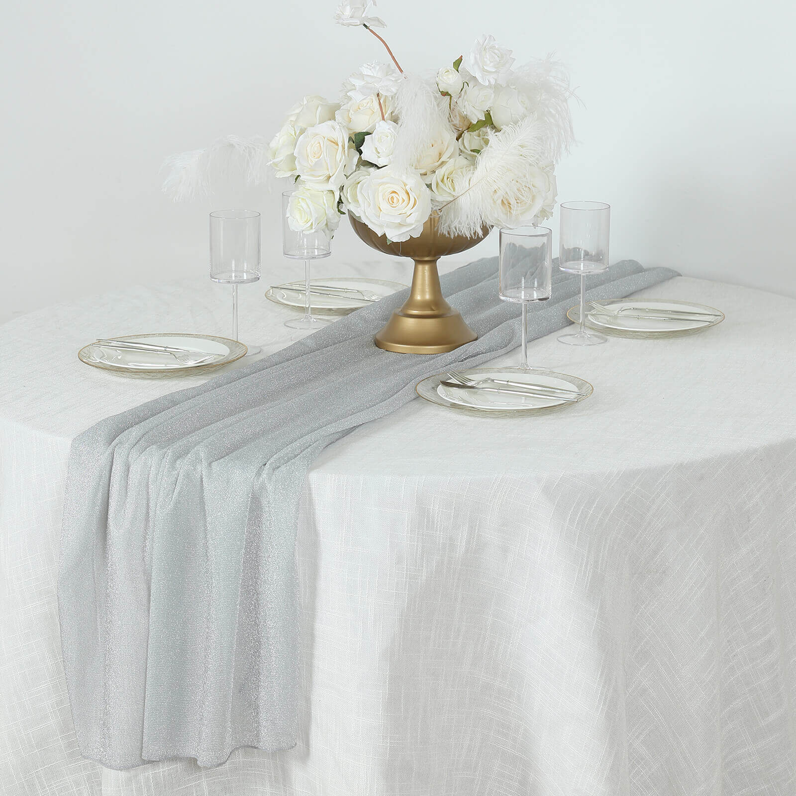 Glitter Gauze 27"x120" Table Runner Silver - Sparkling Reusable Sheer Table Linen