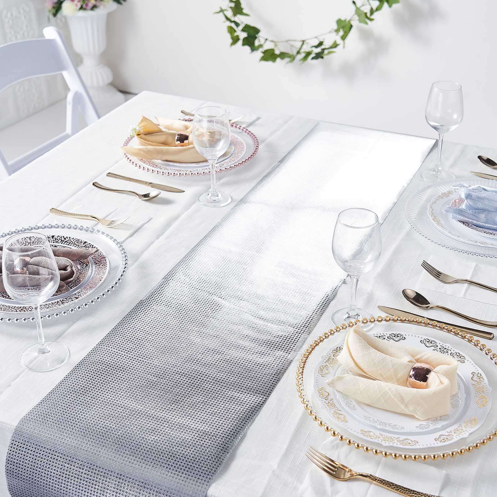 Glitter Paper 9ft Table Runner Roll Silver Disposable Diamond Pattern Table Decor