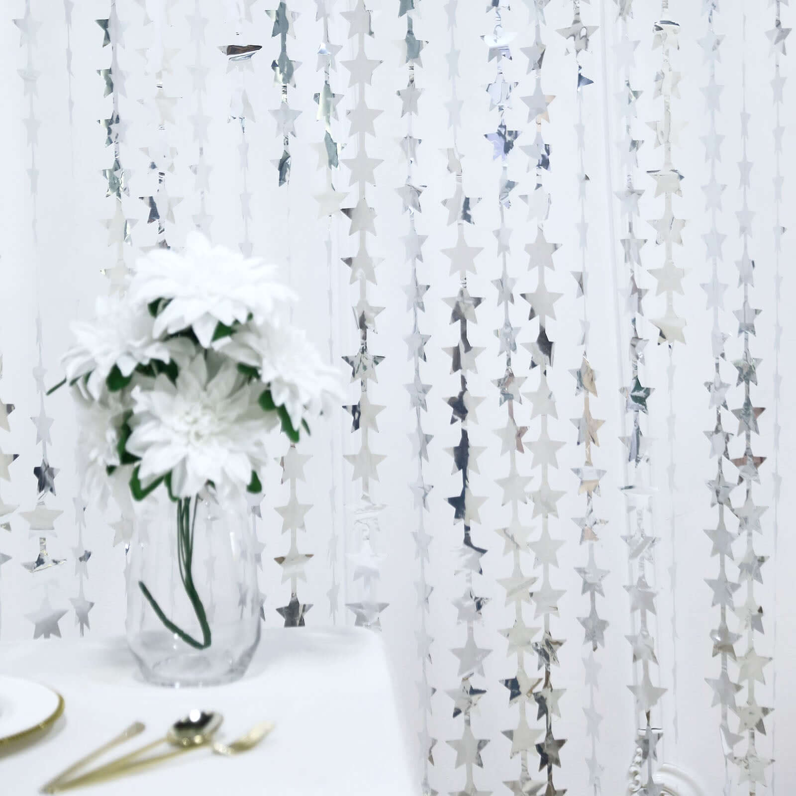 Silver Star Chain Foil Fringe Curtain Party Backdrop, Metallic Silver Tinsel Streamer Party Decor - Door Window Foil Curtain - 3ftx6.5ft