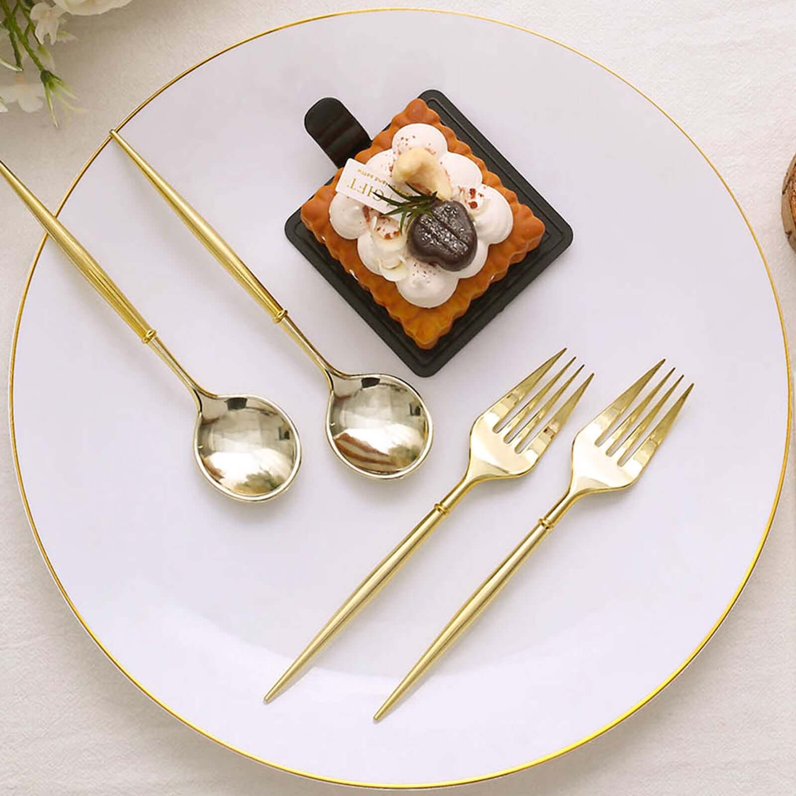 24-Pack Plastic Fork and Spoon Set Metallic Gold - Heavy Duty Disposable Modern Utensils 6"