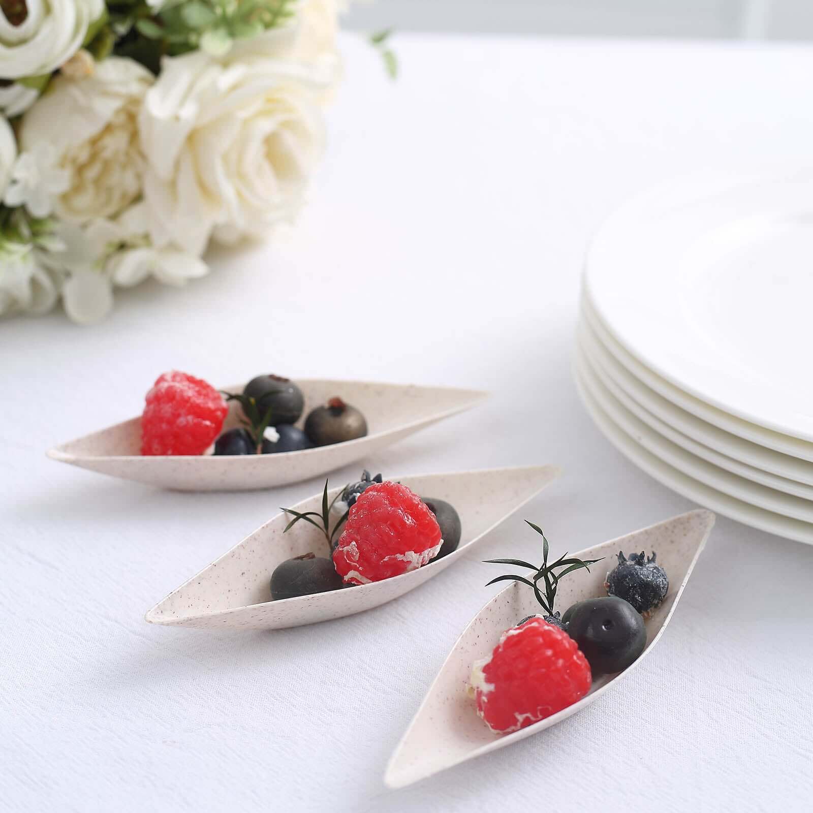 24-Pack Mini Wheat Straw Fiber Snack Plates Boat Shaped Biodegradable - Great for Desserts 5"