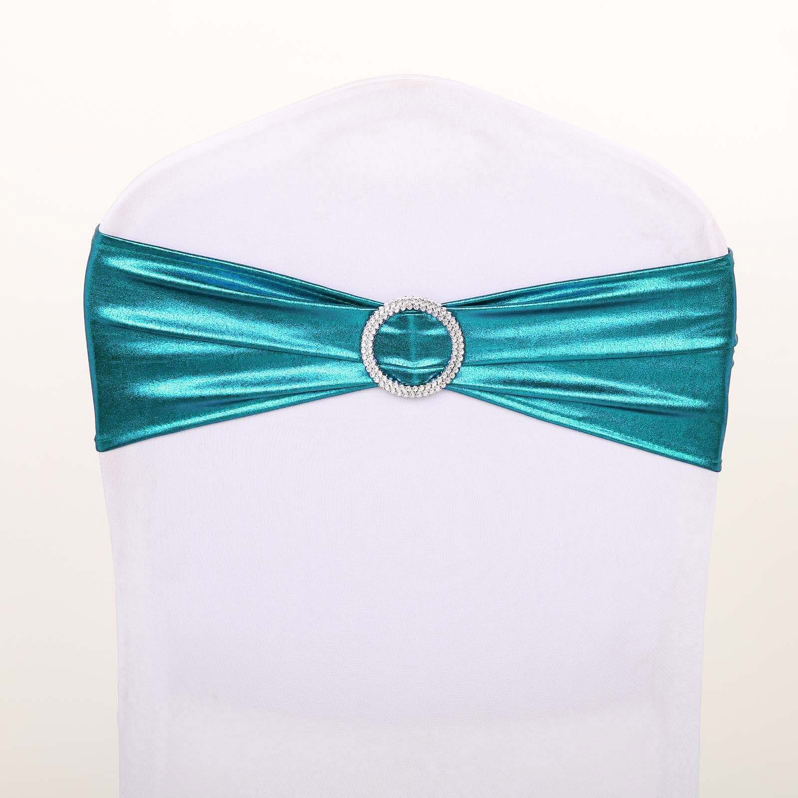 5 Pack Metallic Spandex Chair Sashes Peacock Teal - Stretch Fit Chair Bands With Round Diamond Buckles