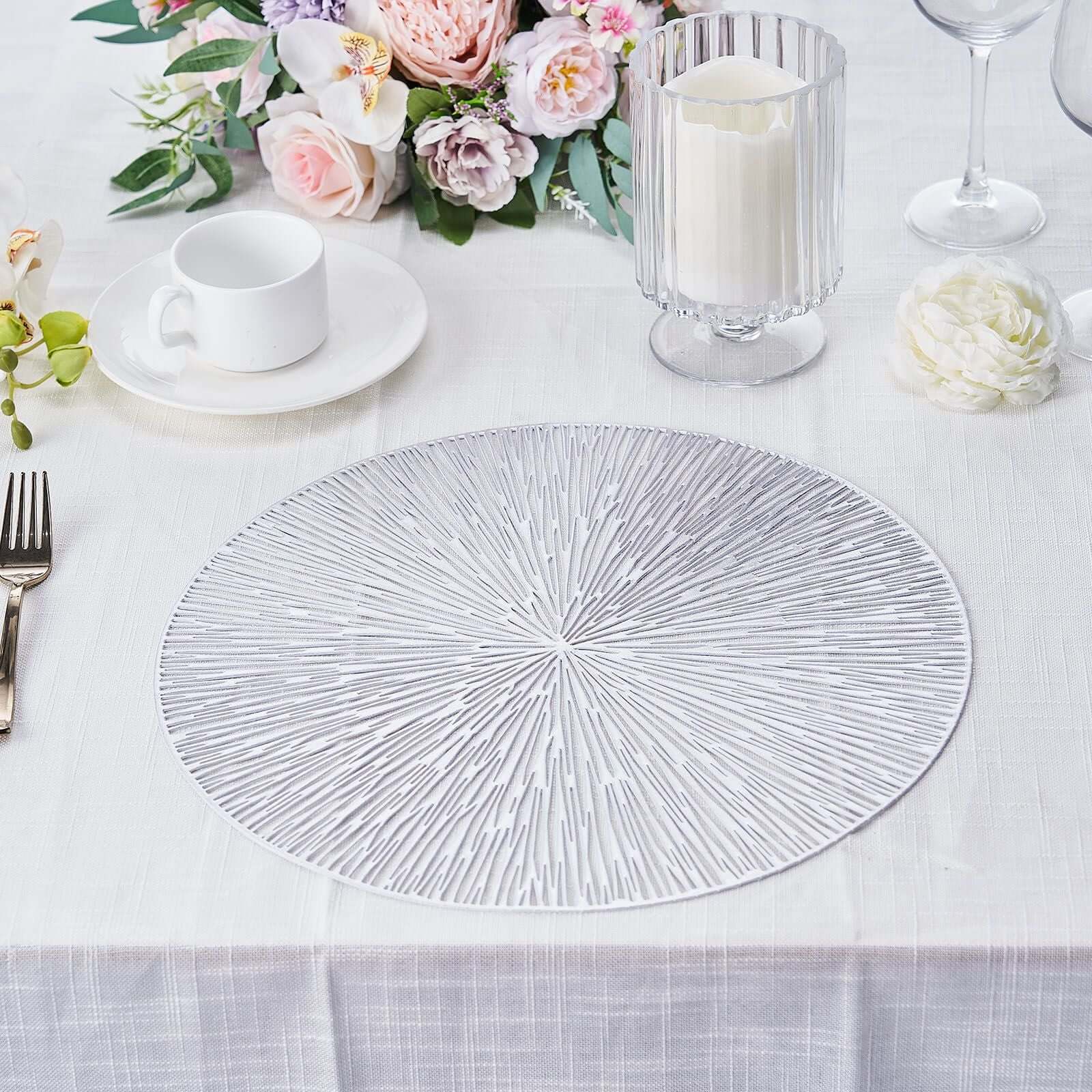 6-Pack Dining Table Mats Spiked Design Silver - Vinyl Non-Slip Surface with Modern Appeal 15"