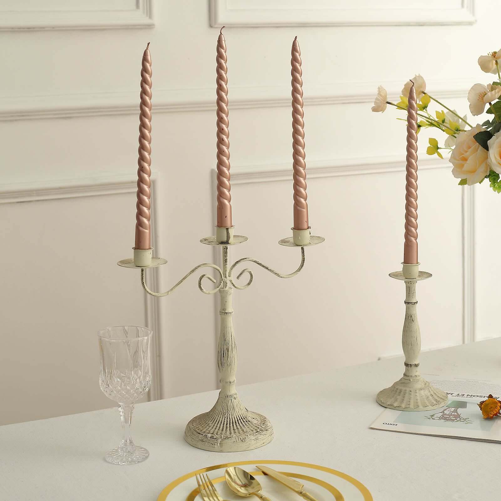 12-Pack Taper Candles Spiral Long Burn Wick Design Matte Rose Gold - Premium Unscented Wax Dinner Candle Sticks 11"