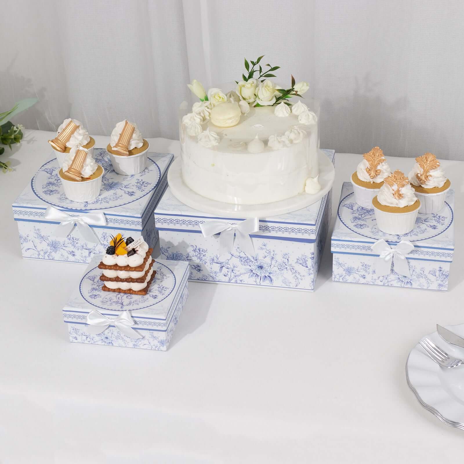 Set of 4 Cardstock Round Nesting Gift Boxes White Blue French Toile Design - Decorative Heavy Duty Stackable Keepsake Boxes With Lids for Presents Storage & Pedestal Stand 5",7",8",9"