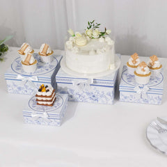 Set of 4 Cardstock Round Nesting Gift Boxes White Blue French Toile Design - Decorative Heavy Duty Stackable Keepsake Boxes With Lids for Presents Storage & Pedestal Stand 5",7",8",9"