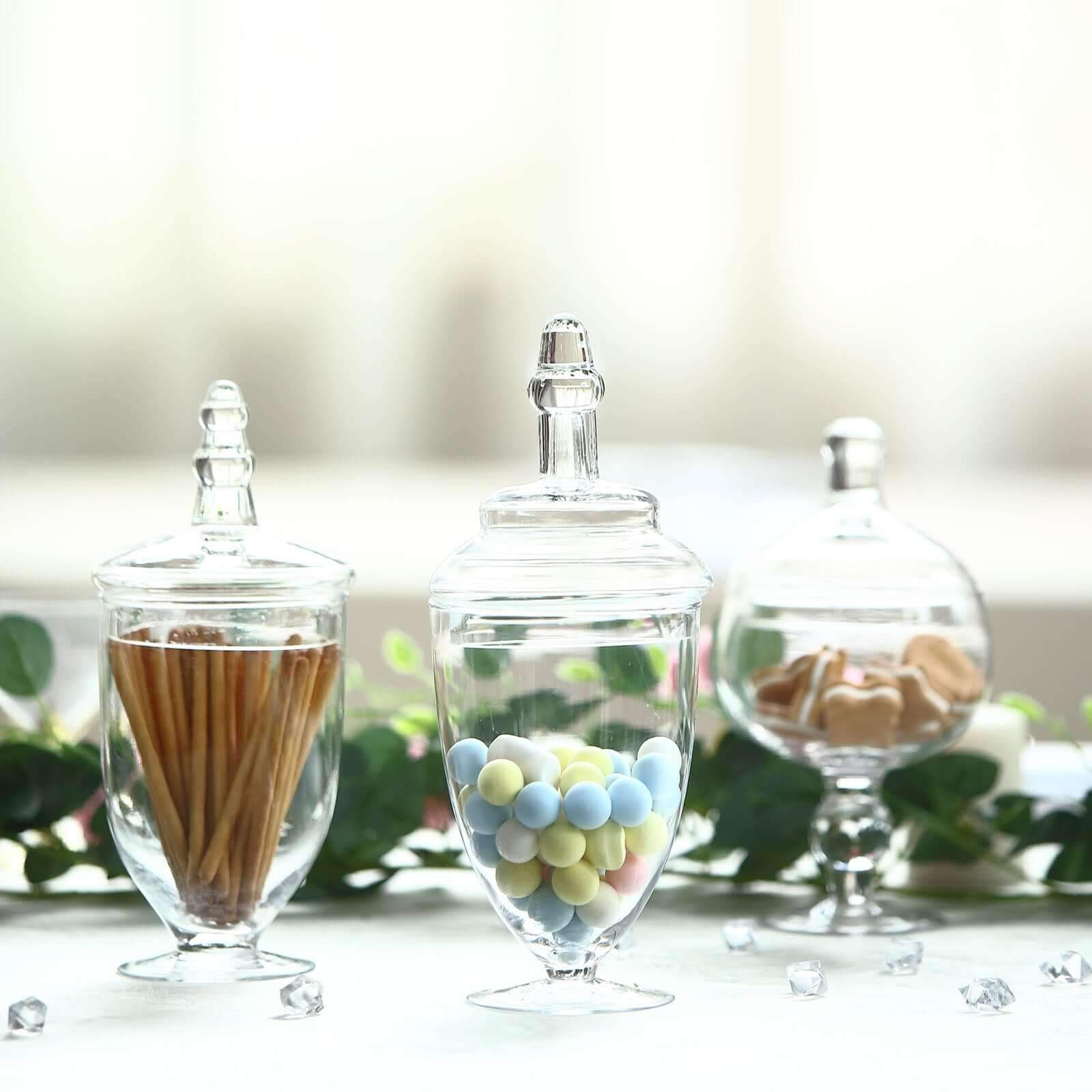 Set of 3 Glass Jars Apothecary Design Clear and Snap-On Lids - Stylish Decorative Candy Buffet Storage 8.5", 9", 10"