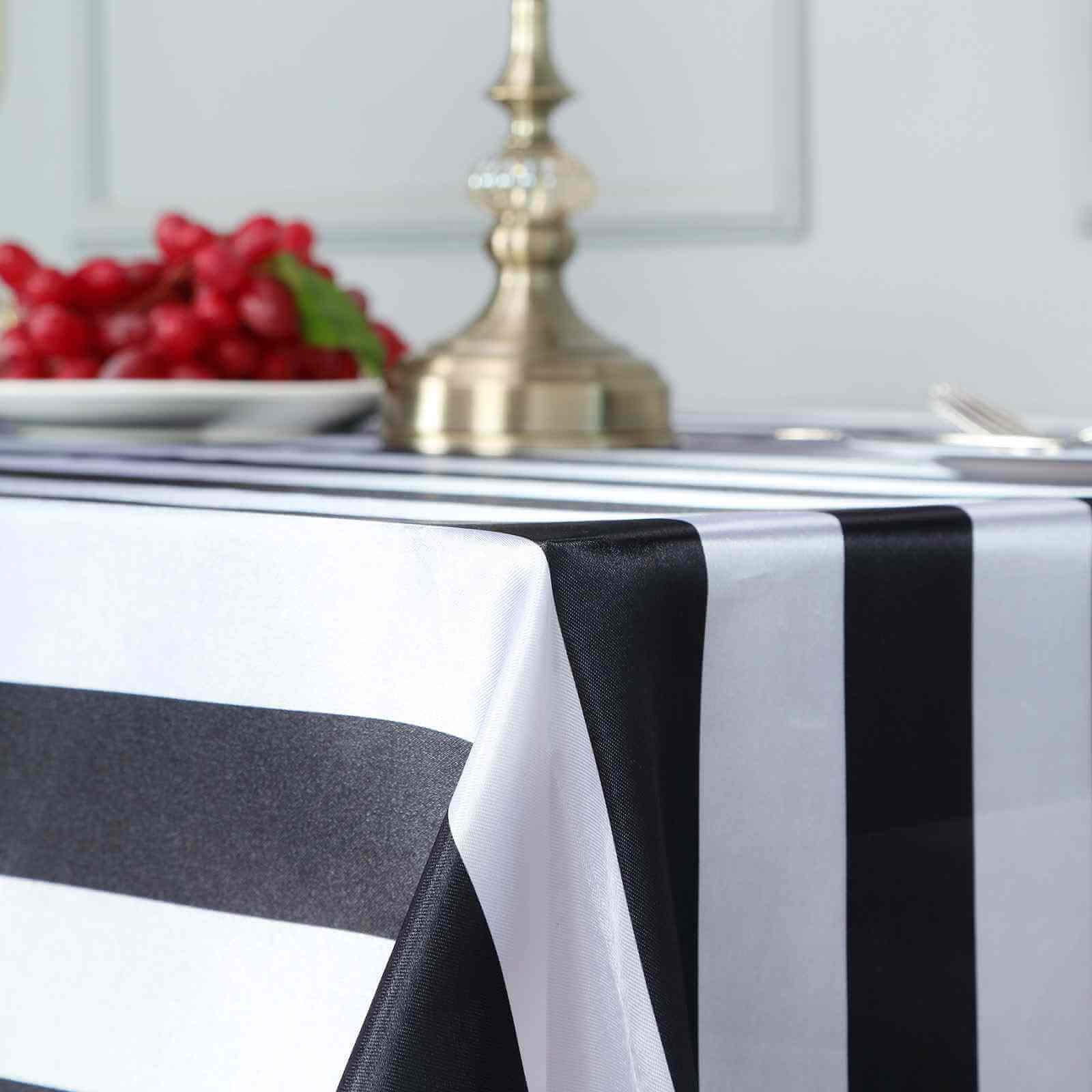 Satin 90"x156" Rectangle Tablecloth Black/White - Stripe Design with Seamless Finish Table Cover