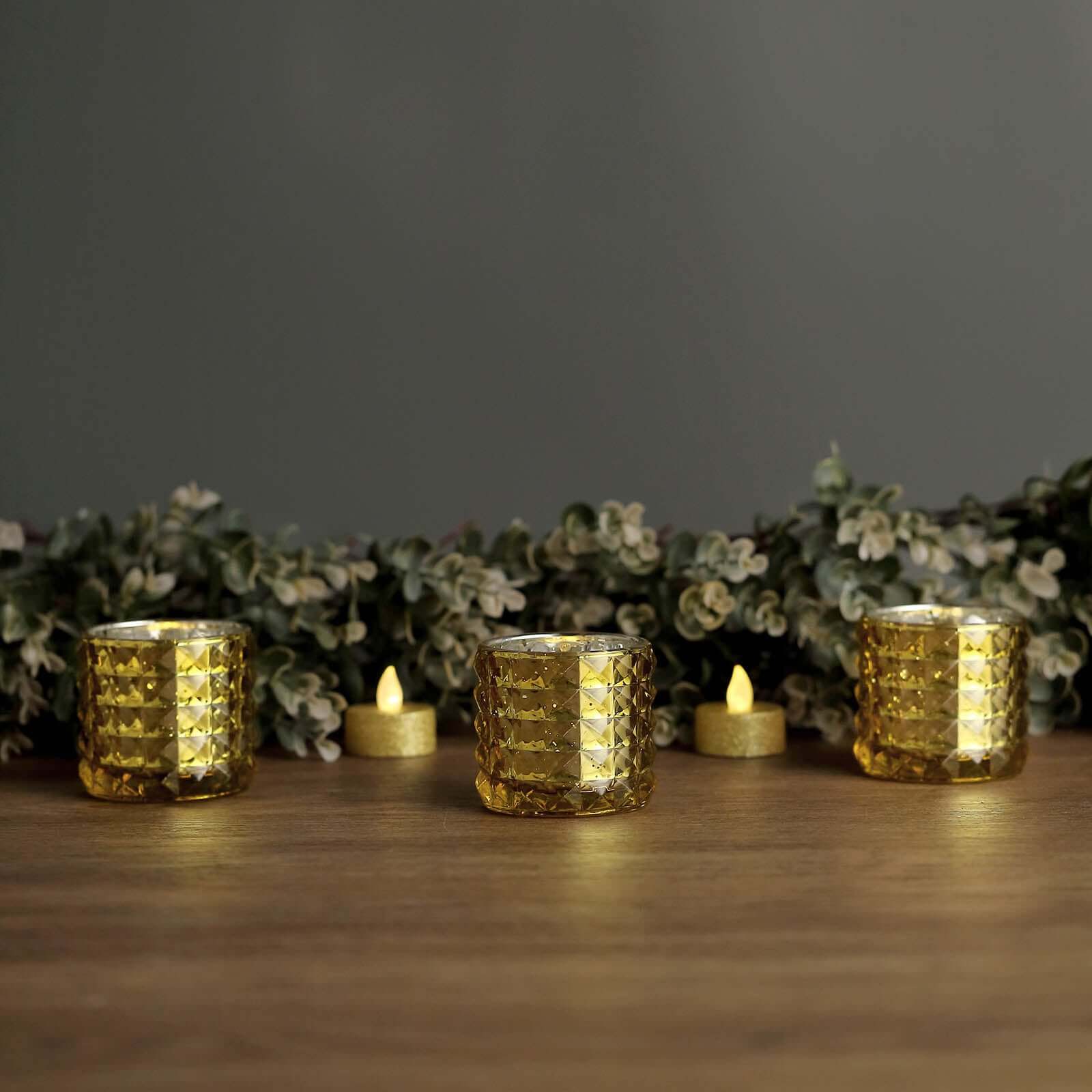 6 Pack 3" Studded Gold Mercury Glass Votive Holders, Faceted Tealight Candle Holders