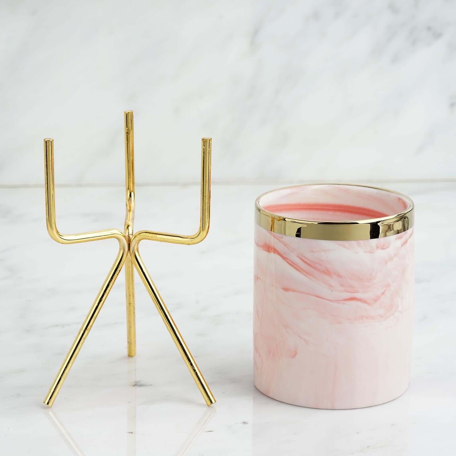 Ceramic Planter Gold Rimmed Pink Marble Design with Gold Metal Stand - Decorative Vase 8"
