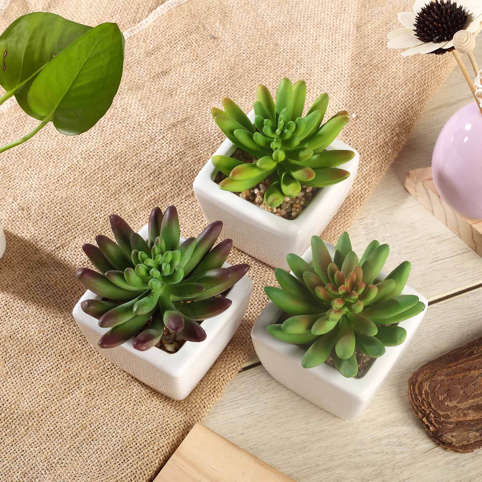 3-Pack Lotus Artificial Succulents in Ceramic Pot - Lifelike Decorative Faux Plants for Home Office & Event Design 4"