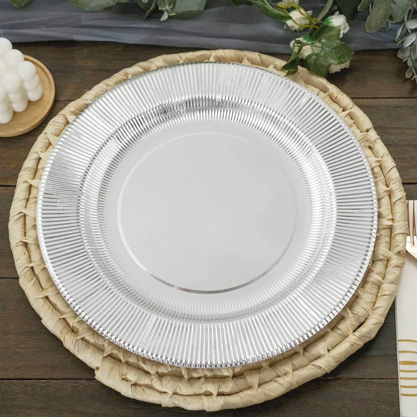 25-Pack Paper 10" Round Dinner Plates in Metallic Silver Sunray Design - Disposable Heavy Duty 350GSM Party Plates