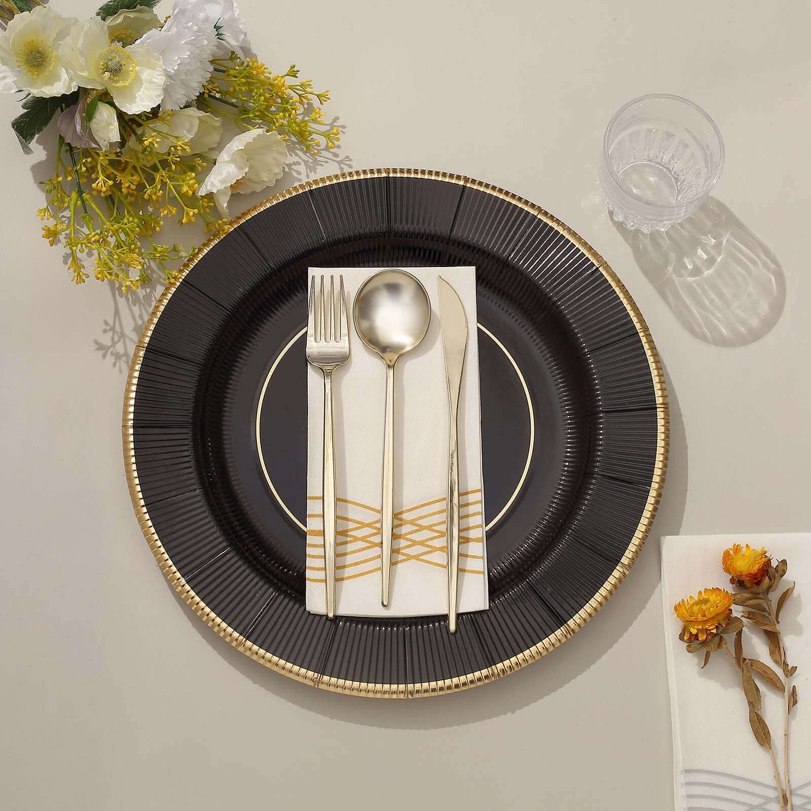 25-Pack Disposable Round Charger Plates in Black Sunray Design with Gold Rim - 350GSM Heavy Duty Paper Chargers 13"