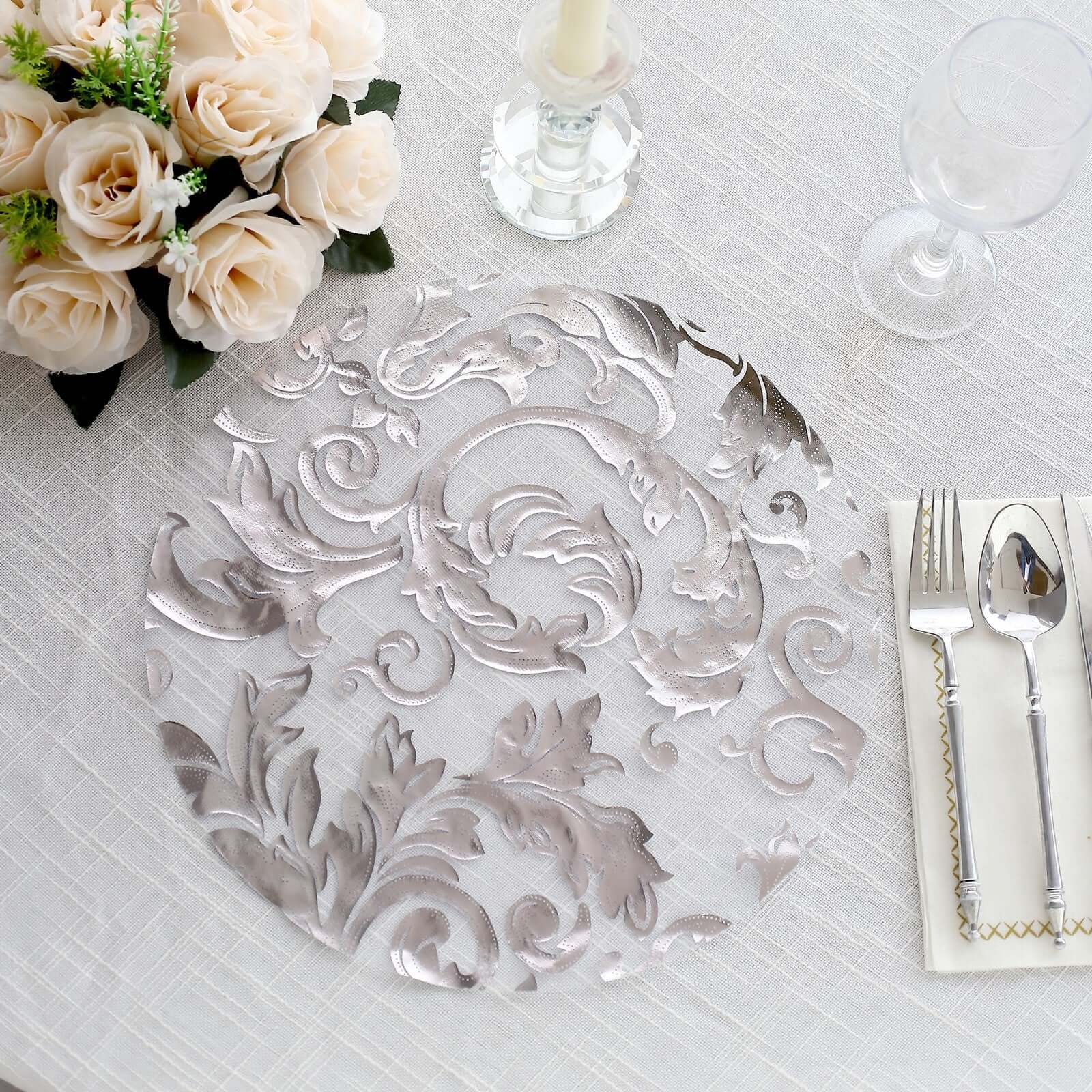 10-Pack Table Placemats Swirl Foil Floral Design Metallic Silver Round - Sheer Organza Disposable Mats 13"