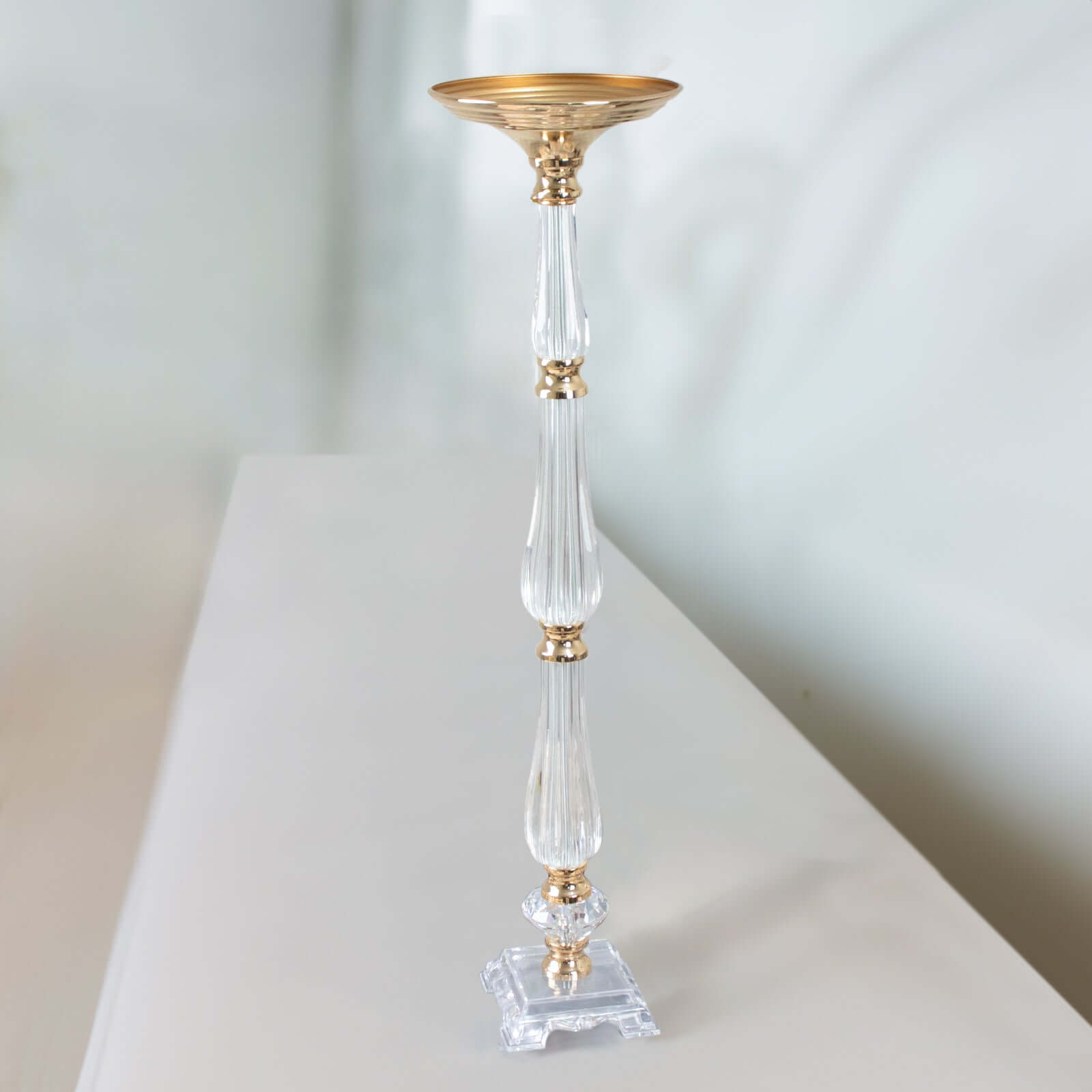 Acrylic Crystal Pillar Candle Stand Gold/Clear - Table Centerpiece and Wedding Flower Bowl Pedestal 32"