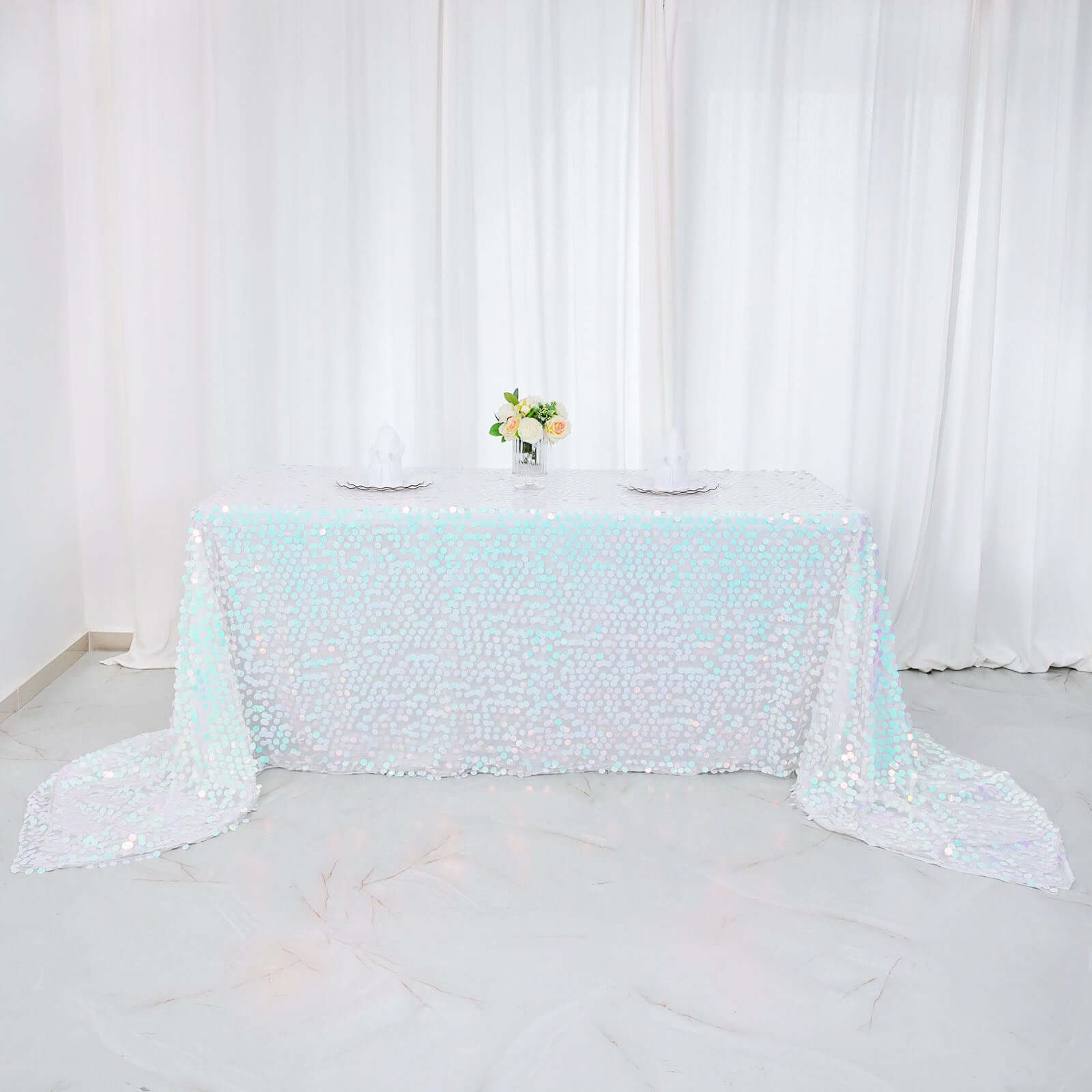 Sequin 90"x156" Rectangle Tablecloth Iridescent Blue - Seamless Big Payette Table Cover